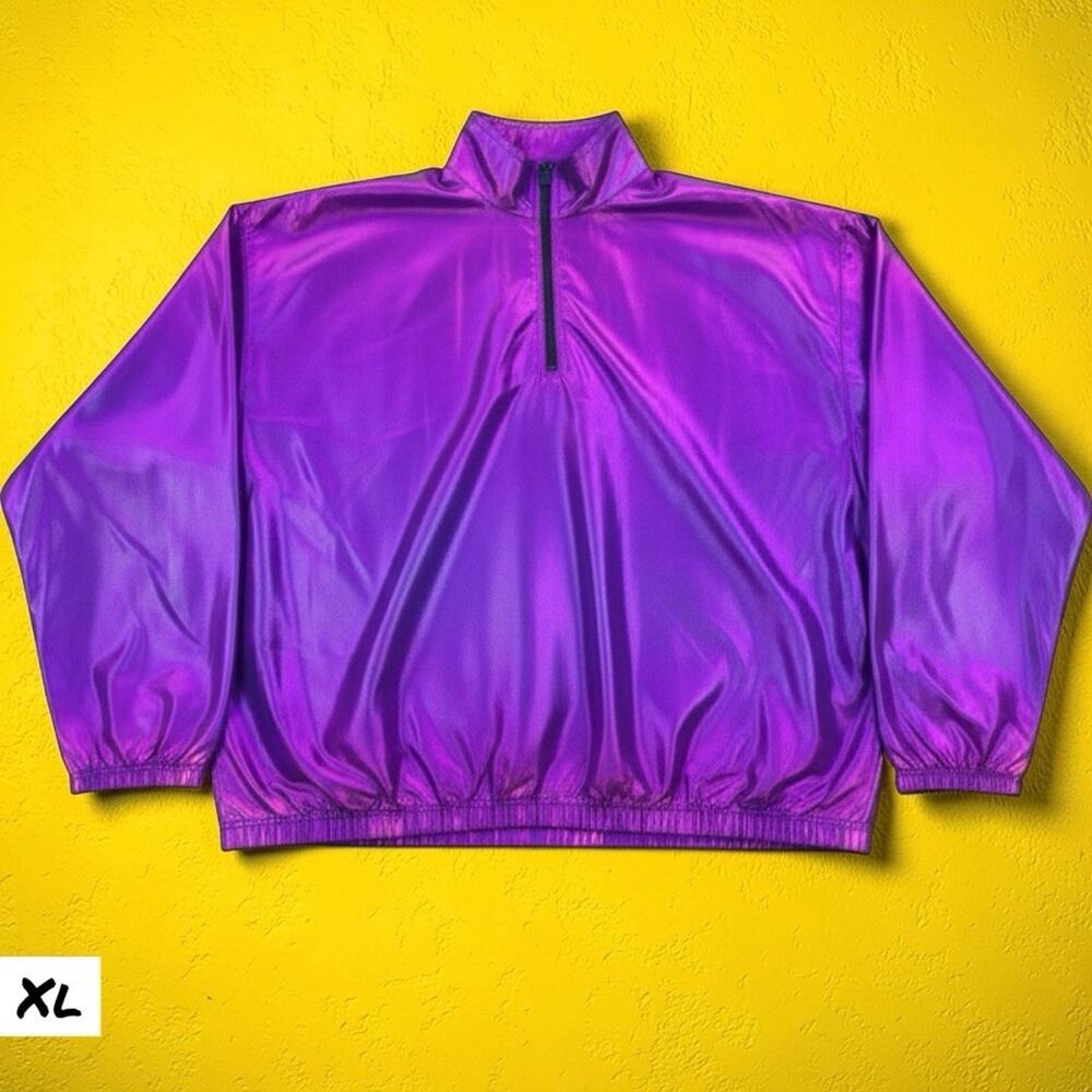 VTG 1990s Surf Windbreaker XL Pullover 1/4‎ Zip Metallic Iridescent Purple Retro